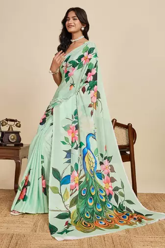 light green digital print chinon saree with blouse