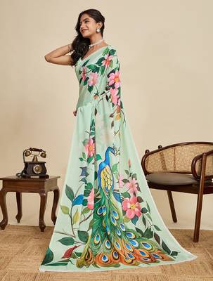 light green digital print chinon saree with blouse 3