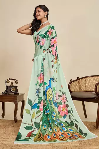 light green digital print chinon saree with blouse