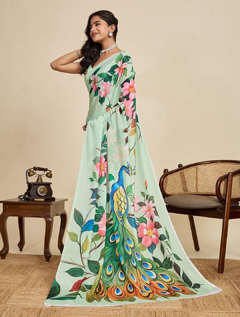 light green digital print chinon saree with blouse