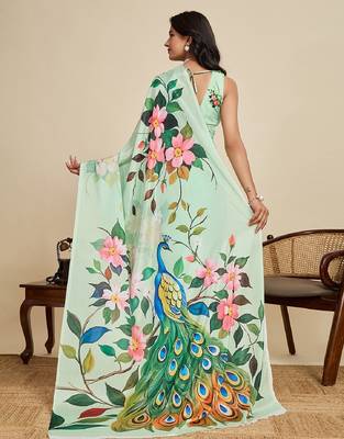 light green digital print chinon saree with blouse 4