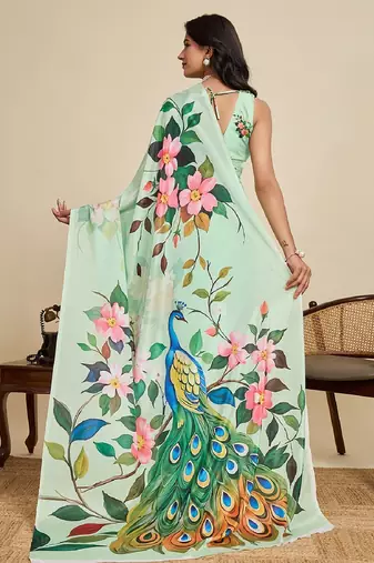 light green digital print chinon saree with blouse