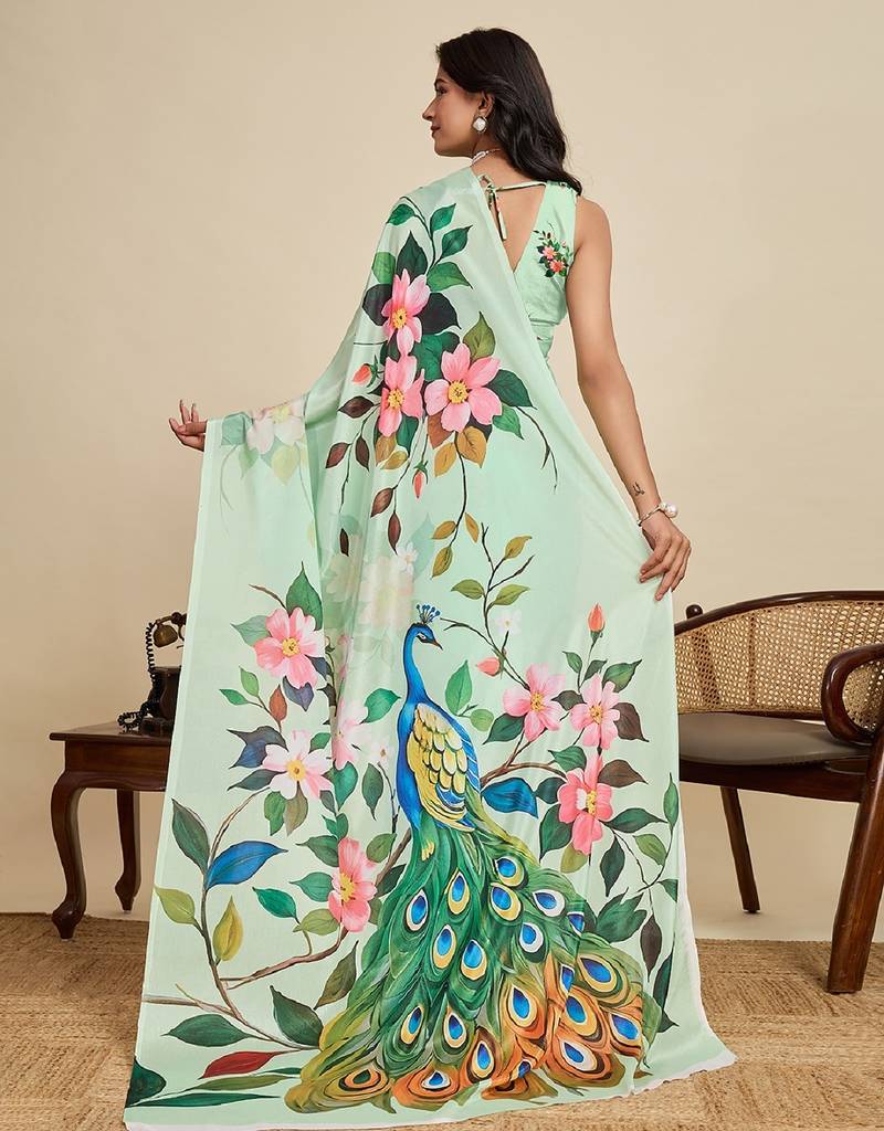 light green digital print chinon saree with blouse