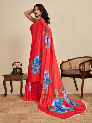 red digital print chinon saree with blouse 1