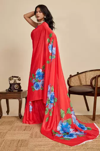 red digital print chinon saree with blouse