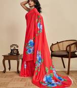 red digital print chinon saree with blouse