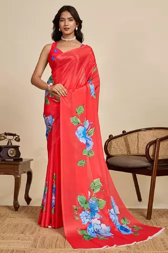 red digital print chinon saree with blouse