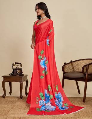 red digital print chinon saree with blouse 3