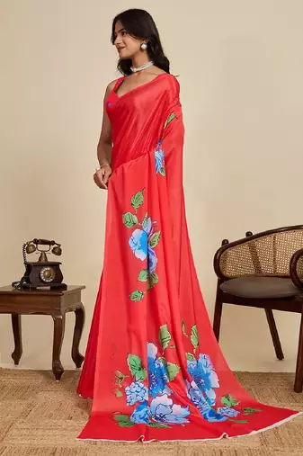 red digital print chinon saree with blouse