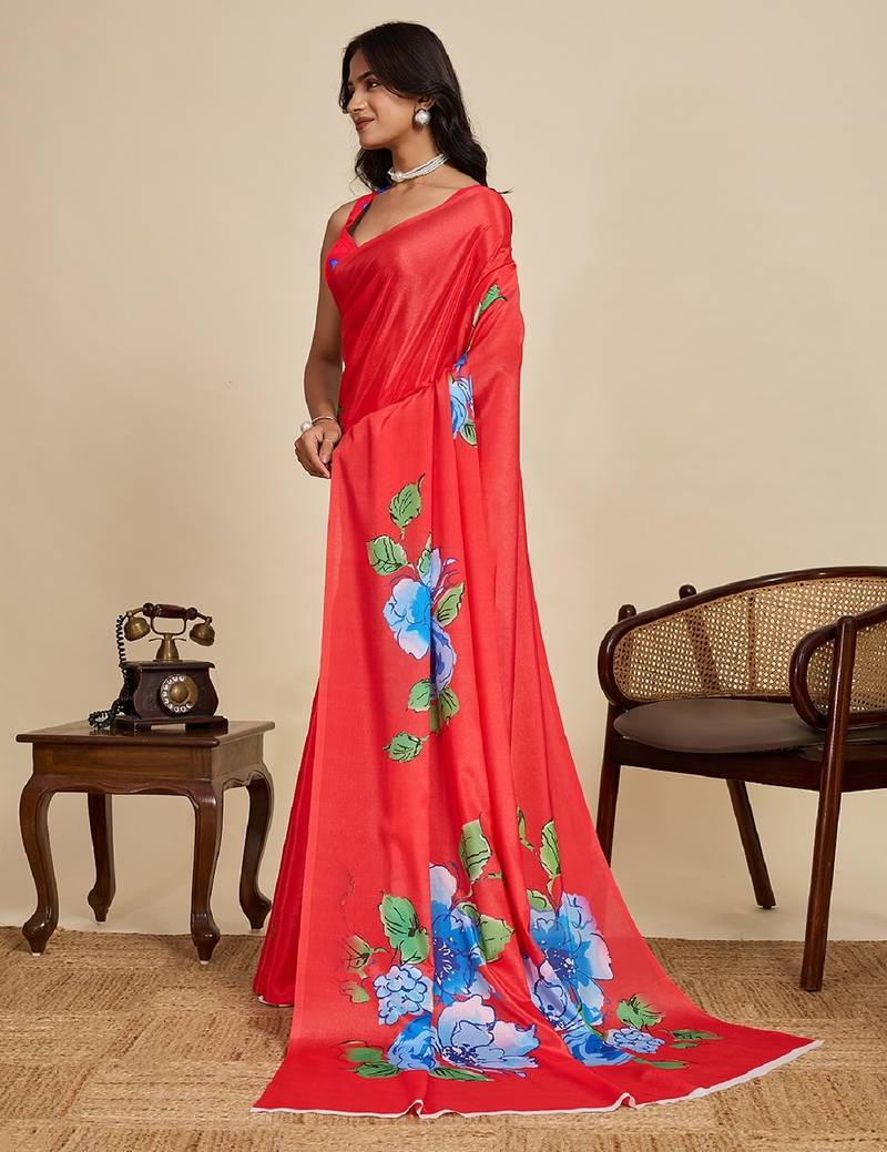 red digital print chinon saree with blouse