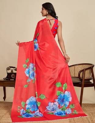 red digital print chinon saree with blouse 4