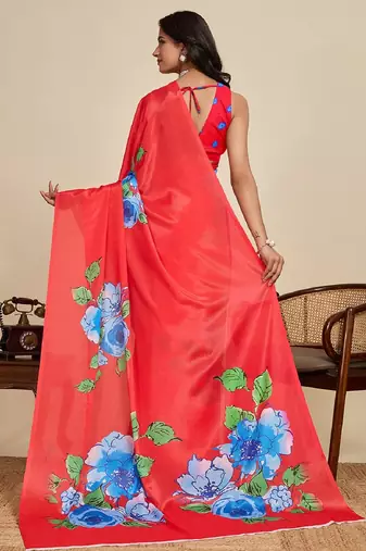 red digital print chinon saree with blouse