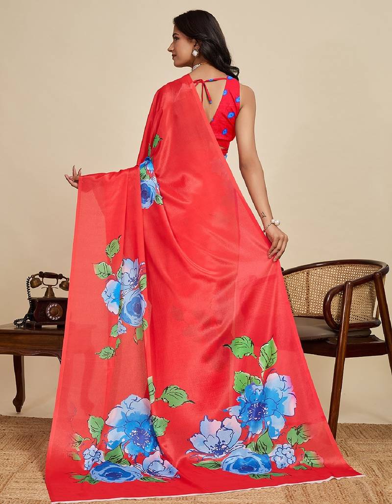 red digital print chinon saree with blouse