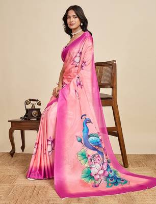 pink digital print chinon saree with blouse 1
