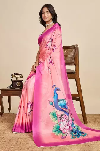 pink digital print chinon saree with blouse