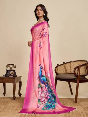 pink digital print chinon saree with blouse 3