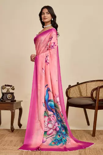 pink digital print chinon saree with blouse