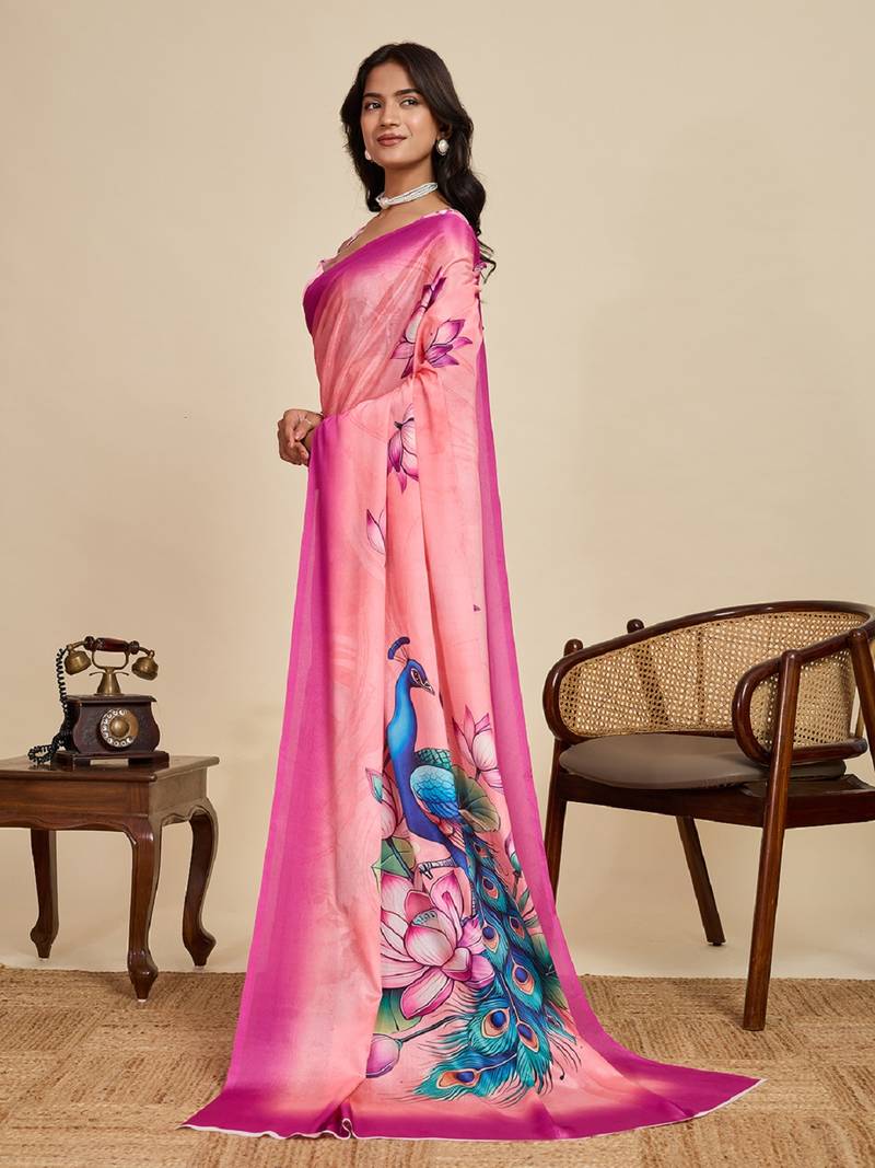 pink digital print chinon saree with blouse
