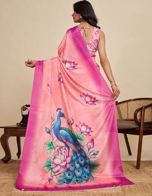 pink digital print chinon saree with blouse 4