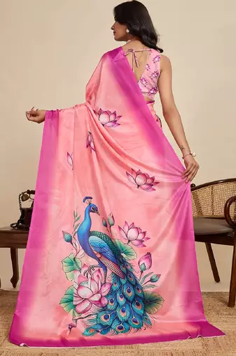 pink digital print chinon saree with blouse