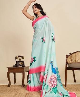 blue digital print chinon saree with blouse 1
