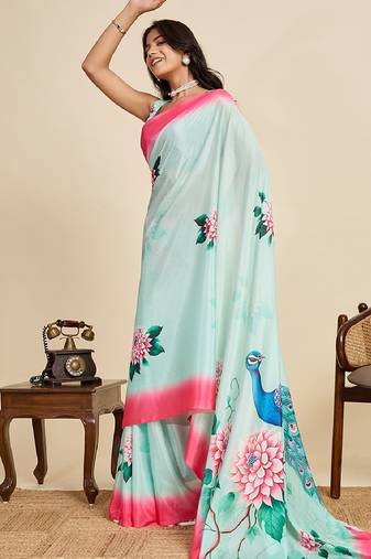 blue digital print chinon saree with blouse