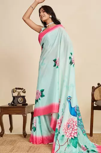 blue digital print chinon saree with blouse