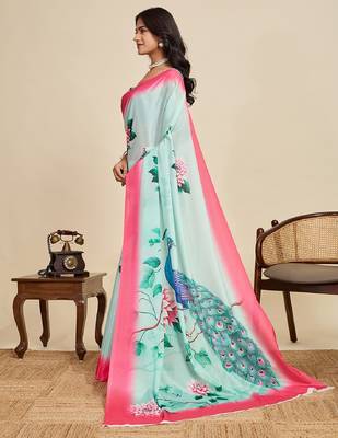 blue digital print chinon saree with blouse 3