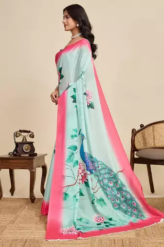 blue digital print chinon saree with blouse