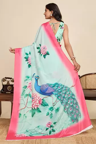 blue digital print chinon saree with blouse
