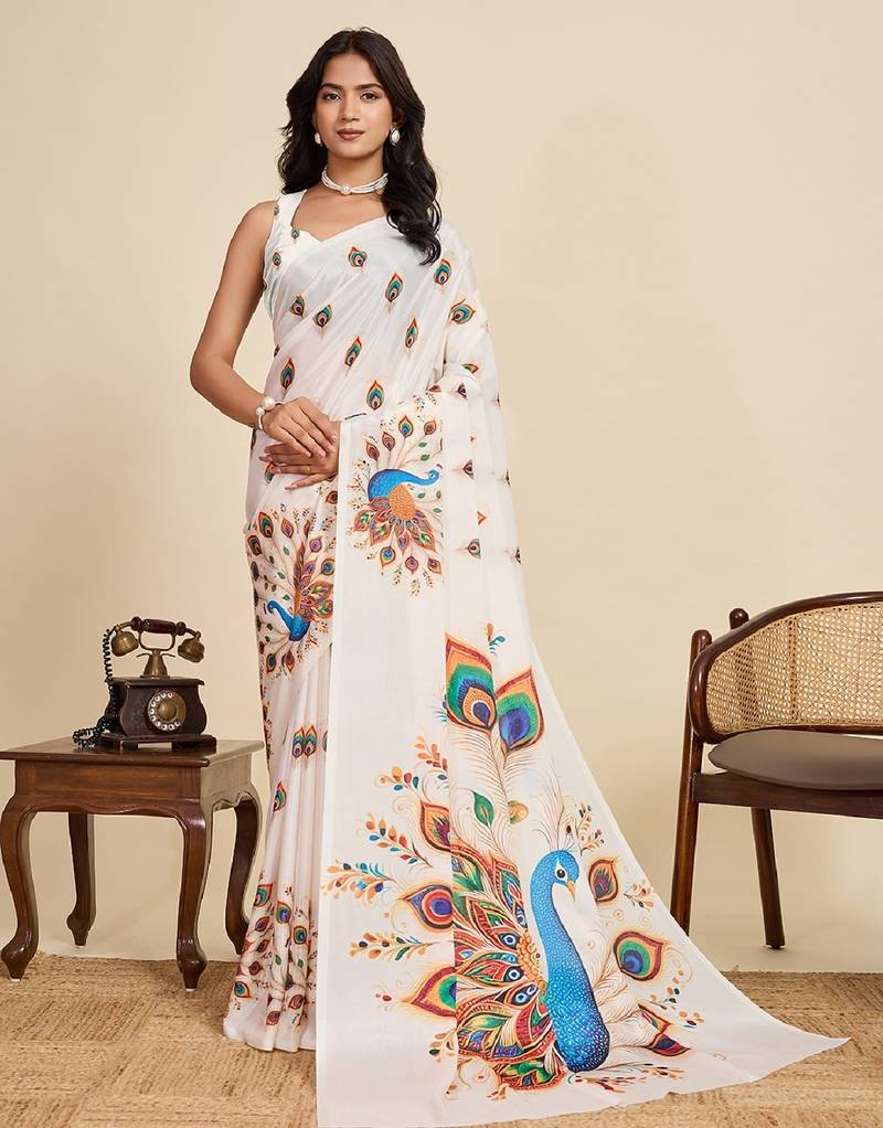 peach digital print chinon saree with blouse