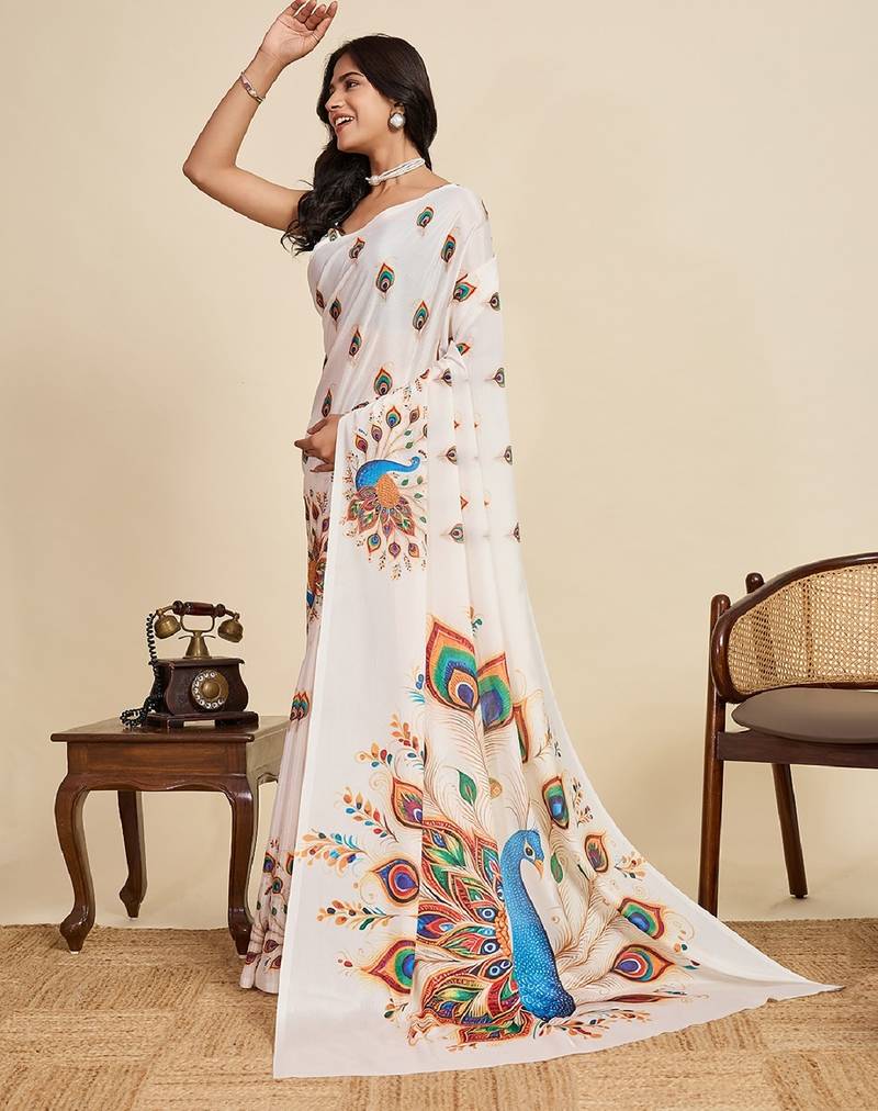 peach digital print chinon saree with blouse