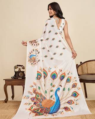 peach digital print chinon saree with blouse 4
