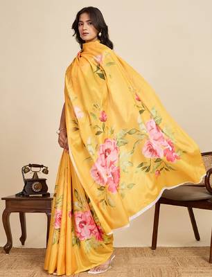 yellow digital print chinon saree with blouse 1