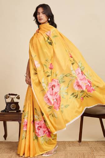 yellow digital print chinon saree with blouse