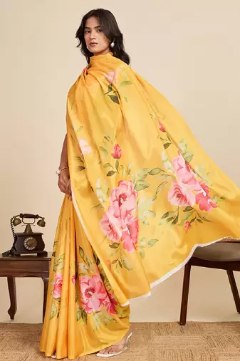 yellow digital print chinon saree with blouse