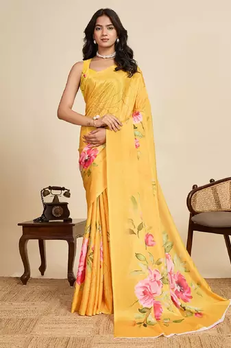 yellow digital print chinon saree with blouse