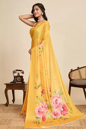 yellow digital print chinon saree with blouse