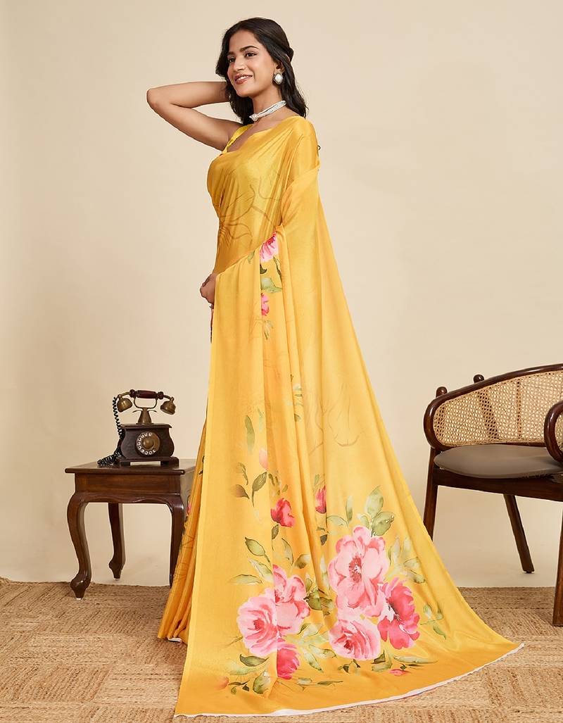 yellow digital print chinon saree with blouse