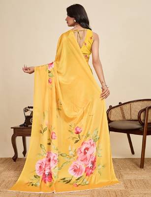 yellow digital print chinon saree with blouse 4