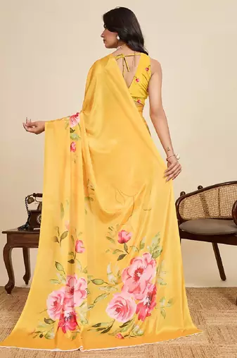 yellow digital print chinon saree with blouse