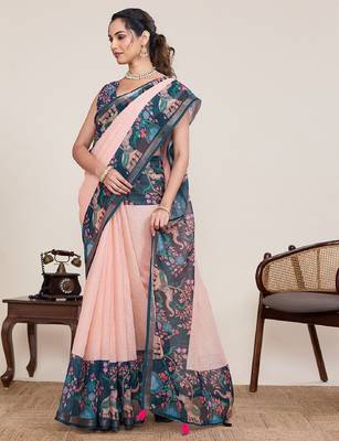 Peach digital print with jari border linan saree with blouse 1