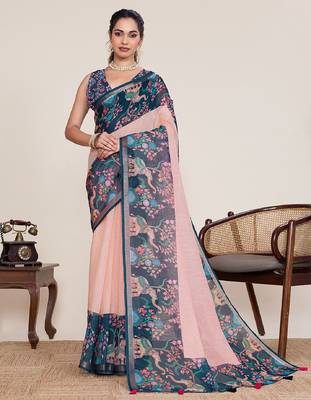 Peach digital print with jari border linan saree with blouse 2