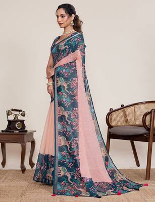 Peach digital print with jari border linan saree with blouse 3