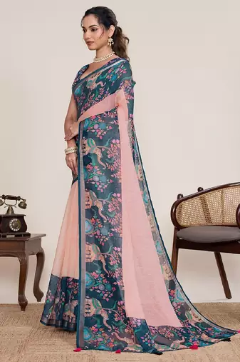 Peach digital print with jari border linan saree with blouse