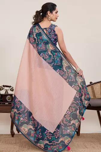 Peach digital print with jari border linan saree with blouse