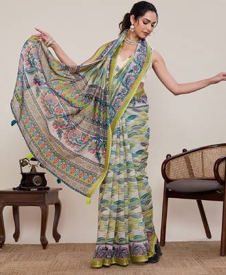 Parrot green digital print with jari border linan saree with blouse 1
