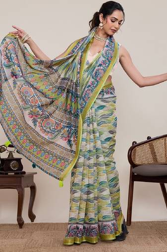 Parrot green digital print with jari border linan saree with blouse