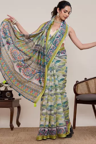 Parrot green digital print with jari border linan saree with blouse