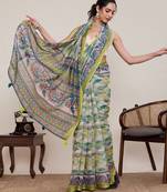 Parrot green digital print with jari border linan saree with blouse
